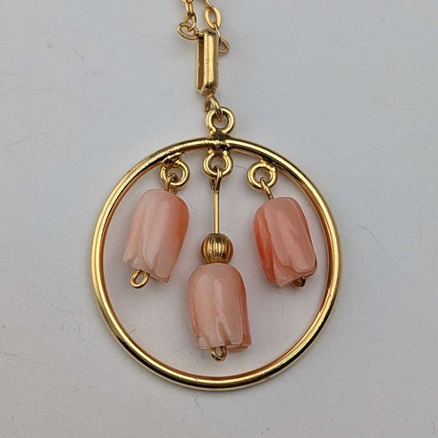 Vintage Rold Gold and Pink Coral Pendant Necklace
