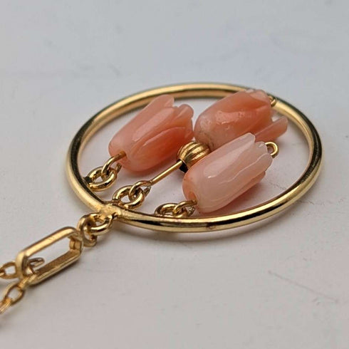 Vintage Rold Gold and Pink Coral Pendant Necklace