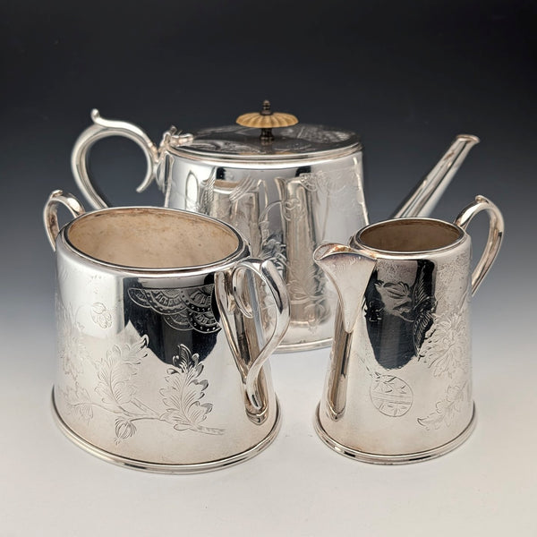 Antique British silver plate tea set, 3 piece set, GRAINGER & CAMPBELL