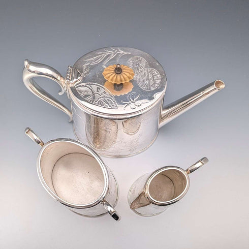 Antique British silver plate tea set, 3 piece set, GRAINGER & CAMPBELL