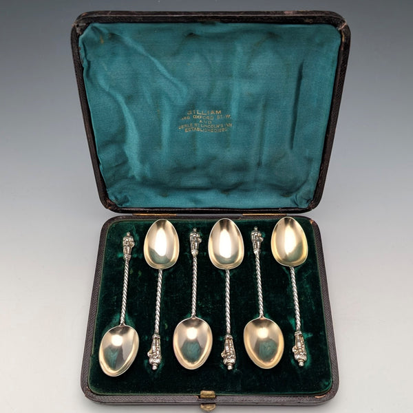 1891 British antique sterling silver apostle teaspoon set of 6, 50g total, case included, George Unite