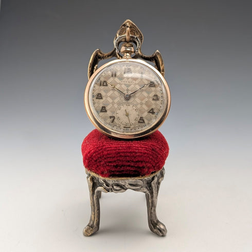1920s Antique Brass Chair Pocket Watch Holder with Red Velvet Sheet
