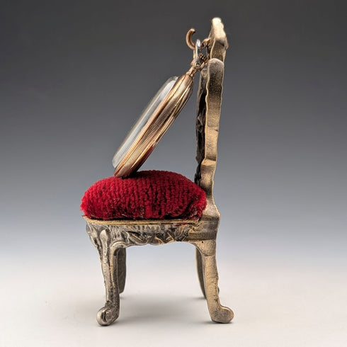 1920s Antique Brass Chair Pocket Watch Holder with Red Velvet Sheet