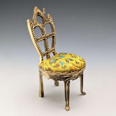 1920s Antique Brass Chair-Shaped Pocket Watch Holder with Yellow Embroidered Seat