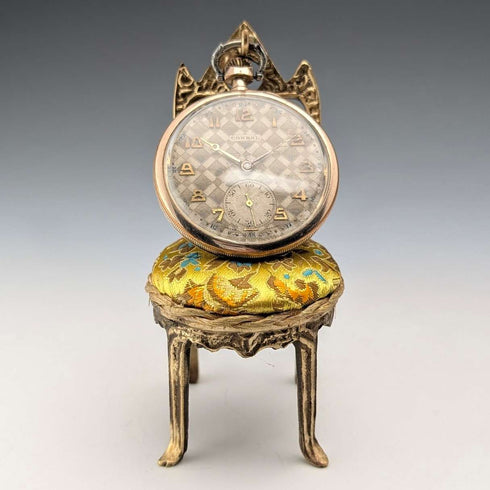 1920s Antique Brass Chair-Shaped Pocket Watch Holder with Yellow Embroidered Seat