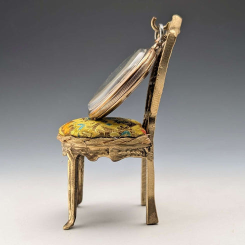 1920s Antique Brass Chair-Shaped Pocket Watch Holder with Yellow Embroidered Seat