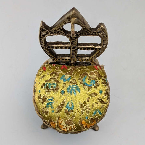 1920s Antique Brass Chair-Shaped Pocket Watch Holder with Yellow Embroidered Seat