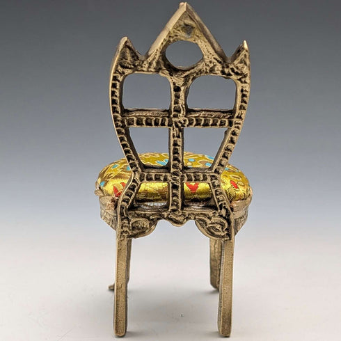 1920s Antique Brass Chair-Shaped Pocket Watch Holder with Yellow Embroidered Seat