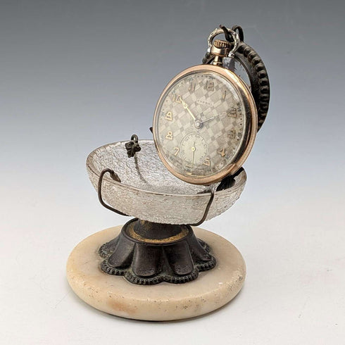 Antique Ormolu & Glass Pocket Watch Holder Accessory Tray