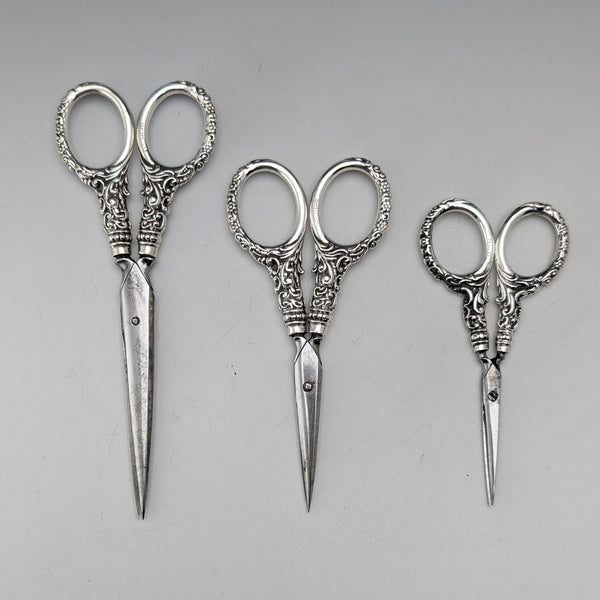 1902 Antique Sterling Silver Handle Sewing Scissors 3-Piece Set Levi&Salaman