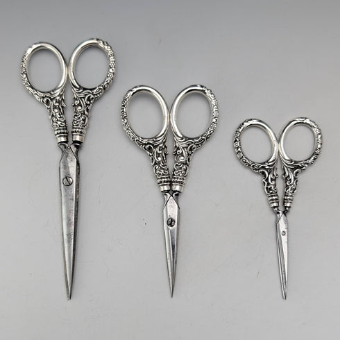 1902年 アンティーク 純銀製ハンドル裁縫ハサミ 3点セット Levi&Salaman