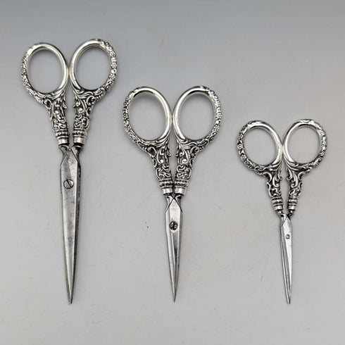 1902 Antique Sterling Silver Handle Sewing Scissors 3-Piece Set Levi&Salaman