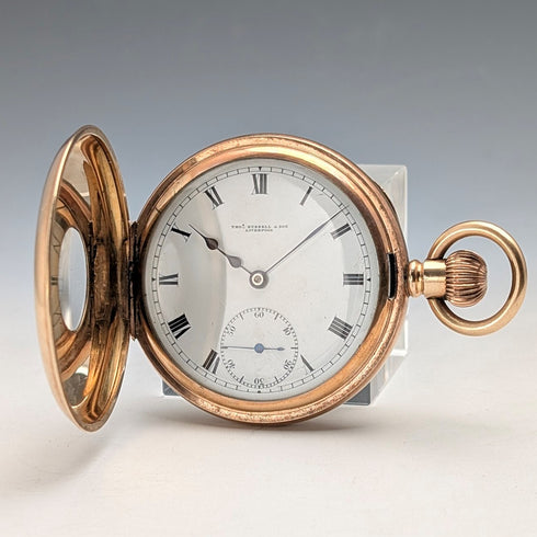 英国アンティーク ラッセル 懐中時計 金張りハーフハンターケース 動作良好