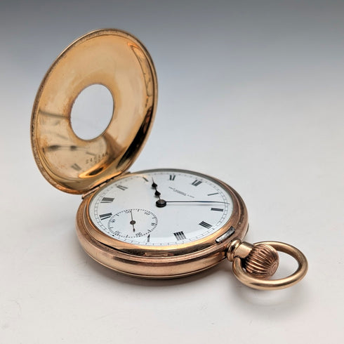 英国アンティーク ラッセル 懐中時計 金張りハーフハンターケース 動作良好