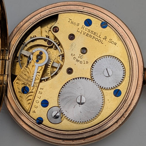 英国アンティーク ラッセル 懐中時計 金張りハーフハンターケース 動作良好