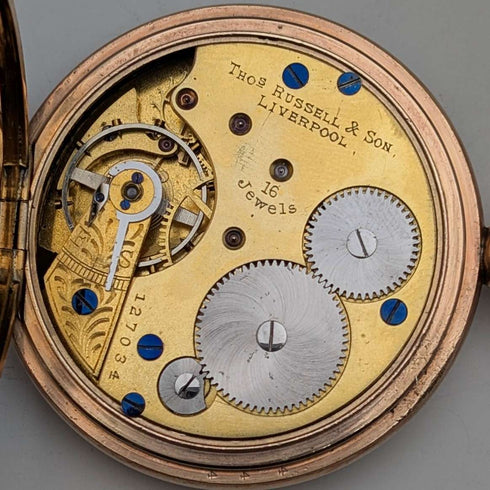 British antique Russell pocket watch, gold plated half hunter case, in good working order