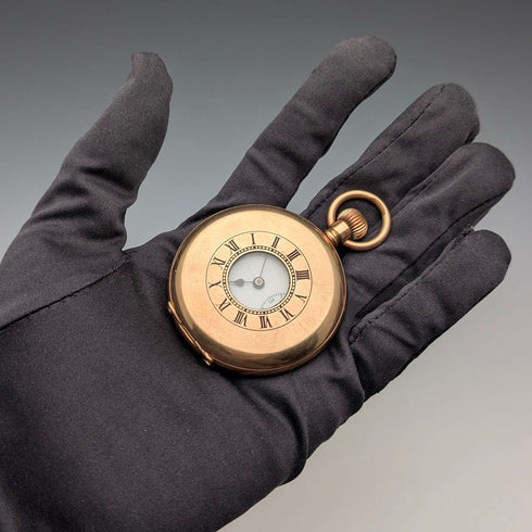 British antique Russell pocket watch, gold plated half hunter case, in good working order