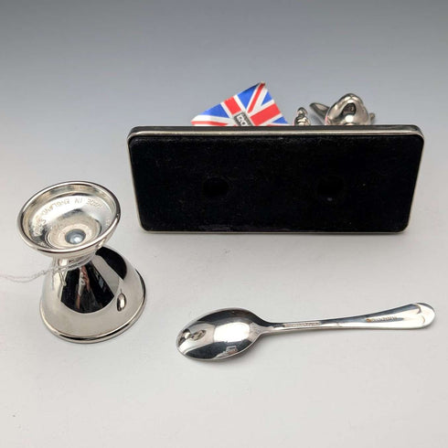 Vintage British silver plate rabbit base egg stand set, boxed, Seba
