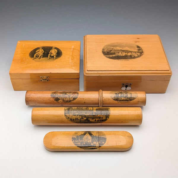 Set of 5 late Victorian British antique wooden mauchlineware