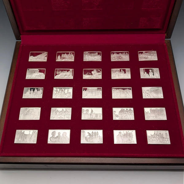 1977 British sterling silver jubilee ingot set of 25, 641g total, in wooden box, John Pinches
