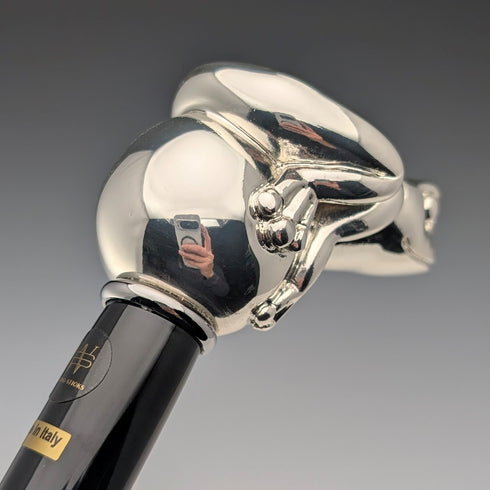 【新品】イタリア製 純銀製フロッグハンドル ブラックシャフト ステッキ 杖 92cm