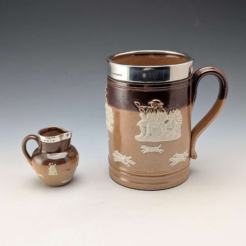 1900年頃 英国アンティーク 純銀装飾 陶器製マグカップ&ミニクリームジャグ Mappin&Webb