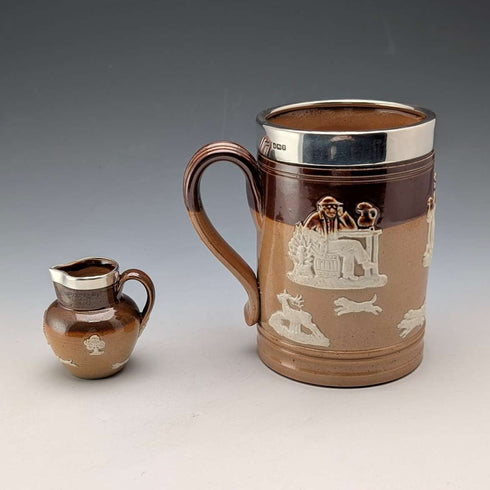 1900年頃 英国アンティーク 純銀装飾 陶器製マグカップ&ミニクリームジャグ Mappin&Webb