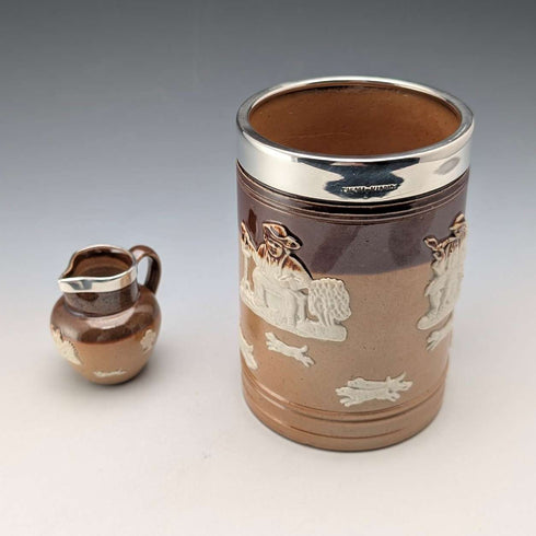 1900年頃 英国アンティーク 純銀装飾 陶器製マグカップ&ミニクリームジャグ Mappin&Webb