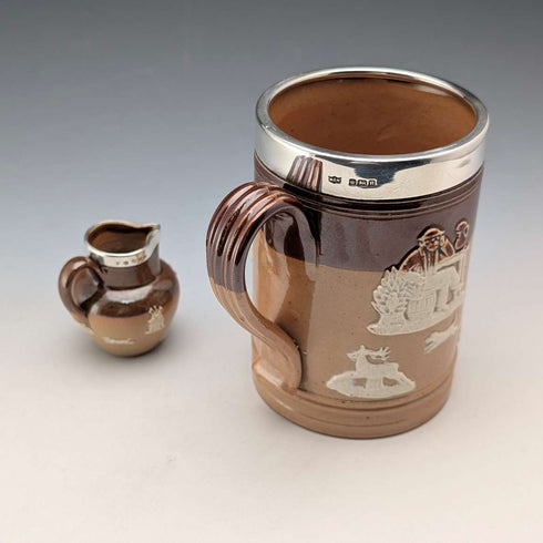 1900年頃 英国アンティーク 純銀装飾 陶器製マグカップ&ミニクリームジャグ Mappin&Webb