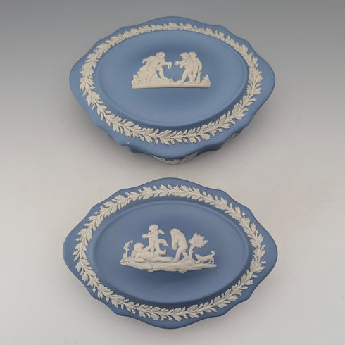 英国ヴィンテージ ウェッジウッド ジャスパーウェア製 ボックスペア ペールブルー