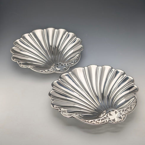Vintage British silver plate large shell dish pair