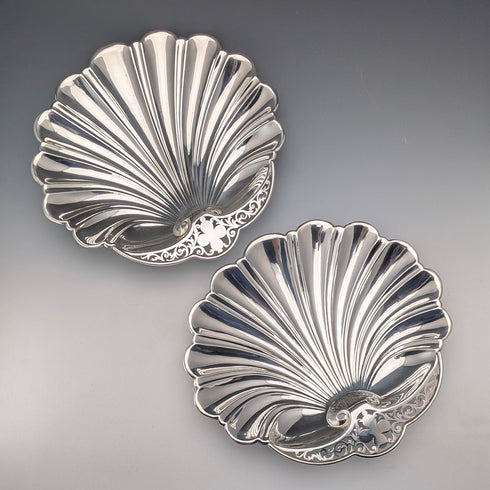 Vintage British silver plate large shell dish pair