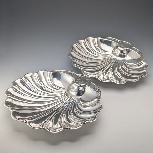Vintage British silver plate large shell dish pair
