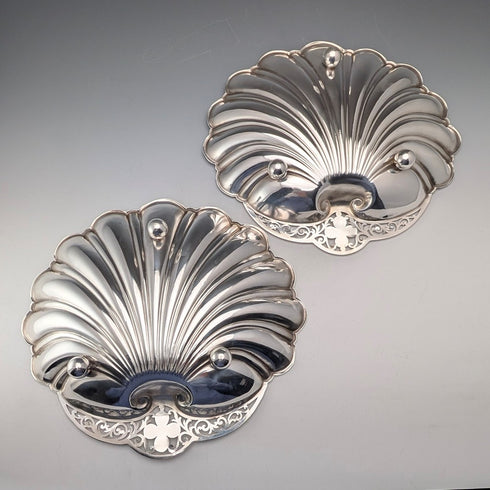 Vintage British silver plate large shell dish pair