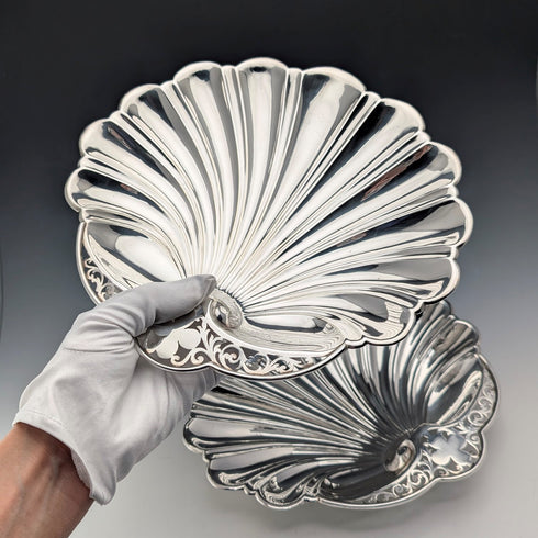 Vintage British silver plate large shell dish pair