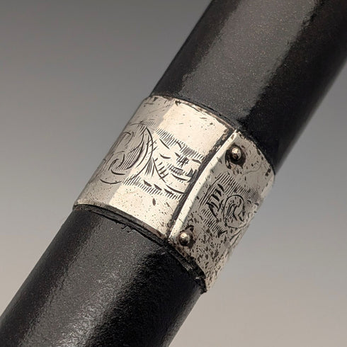 1944 British vintage black shaft curved handle pure silver decorated walking stick 83cm K&SLD