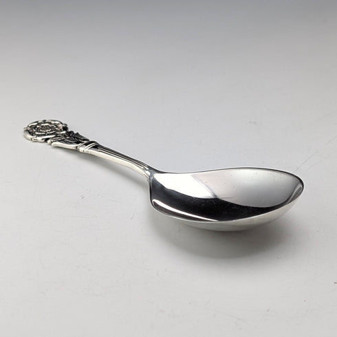 1982 British vintage sterling silver tea caddy spoon, 13g, rose decoration, JB Chatterley