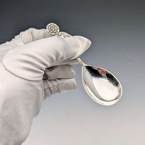 1982 British vintage sterling silver tea caddy spoon, 13g, rose decoration, JB Chatterley