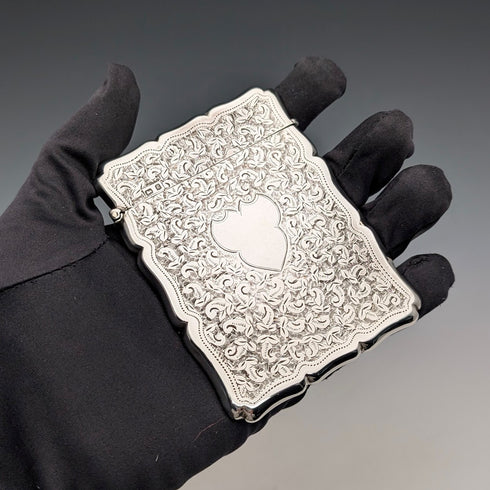 1906年 英国アンティーク フローラル彫刻 純銀製カードケース 51g William Atkin