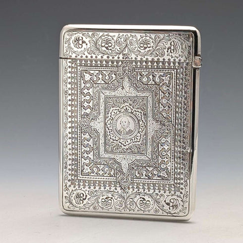 1881 British Antique Shakespeare Engraved Sterling Silver Card Case 77g George Unite