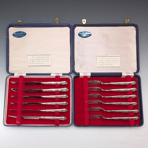 1974年頃 英国ヴィンテージ 純銀ハンドル ティーナイフ&フォーク 6ペア Harrison Brothers ケース入