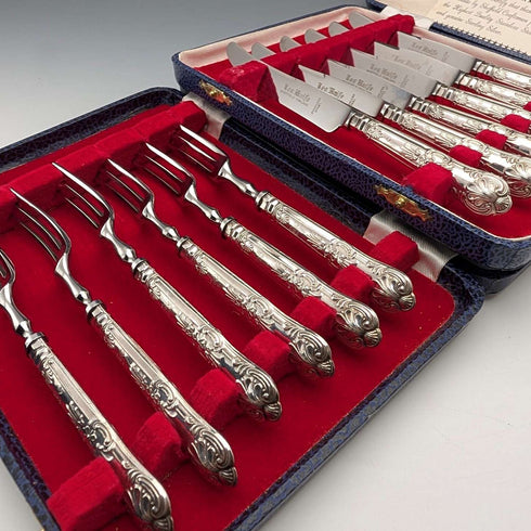 Circa 1974 British Vintage Pure Silver Handle Tea Knife & Fork 6 Pair Harrison Brothers Case Included