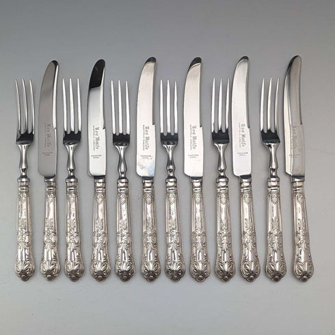 Circa 1974 British Vintage Pure Silver Handle Tea Knife & Fork 6 Pair Harrison Brothers Case Included