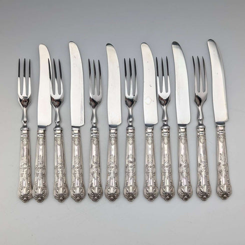 Circa 1974 British Vintage Pure Silver Handle Tea Knife & Fork 6 Pair Harrison Brothers Case Included