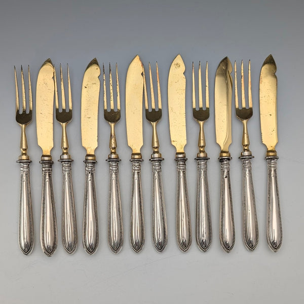 German Antique 800 Silver Handle Gold Plated Blade Tea Cutlery 6 Pairs