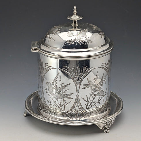 Antique British silver plated biscuit barrel with bird decoration