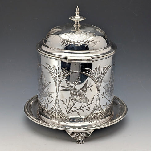 Antique British silver plated biscuit barrel with bird decoration