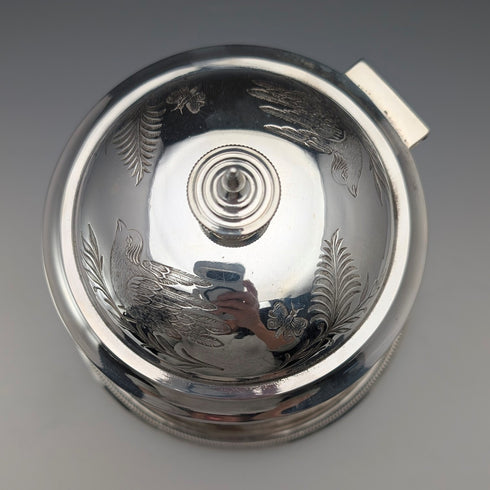 Antique British silver plated biscuit barrel with bird decoration