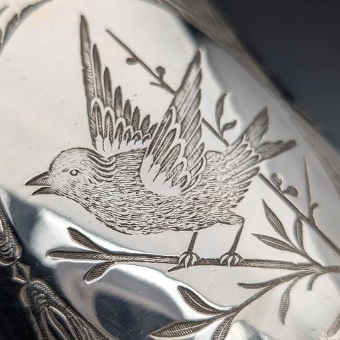 Antique British silver plated biscuit barrel with bird decoration