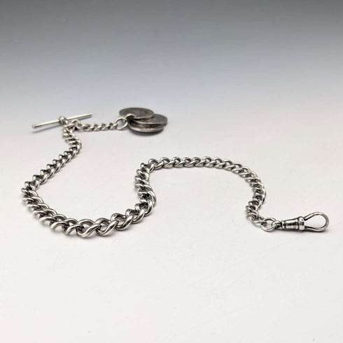 Circa 1900 British antique sterling silver Albert chain 48g silver coin fob